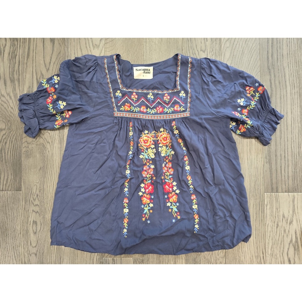 Savanna Jane Top Womens Small Embroidered Blouse Blue BOHO